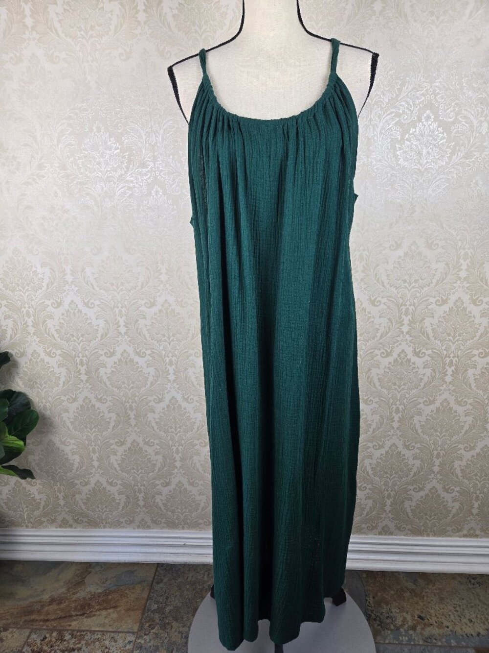 Kona Sol Sz L/XL (12-18) Dark Green Gauze Shift Dress Adjustable Back Tie Cotton